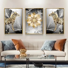 現代簡約三拼抽象金色馬 噴繪畫 創意沙發背景牆裝飾畫掛畫油畫