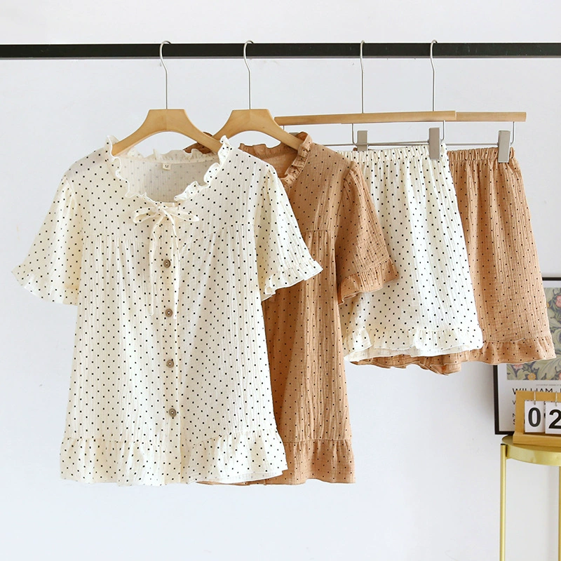 Летняя Женская домашняя одежда из чистого хлопка в горошек с тонкой марлевой пряжкой, милые шорты с короткими рукавами, Пижамный костюм, простой