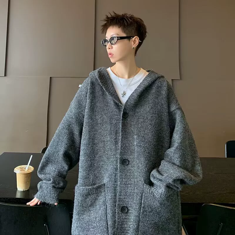 Повседневный обычный осенний и зимний полосатый кардиган рыхлый свитер с капюшоном