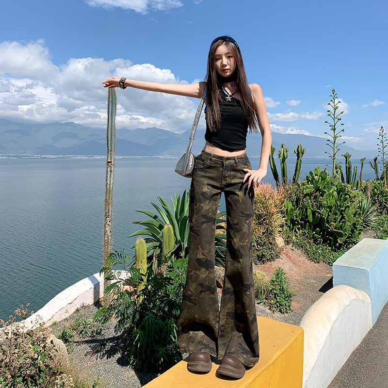 Camouflage Flared Jeans for Women, 2025 Autumn New Low-Waist Slimming American Outdoor Style Stretchy Wide-Leg Pants