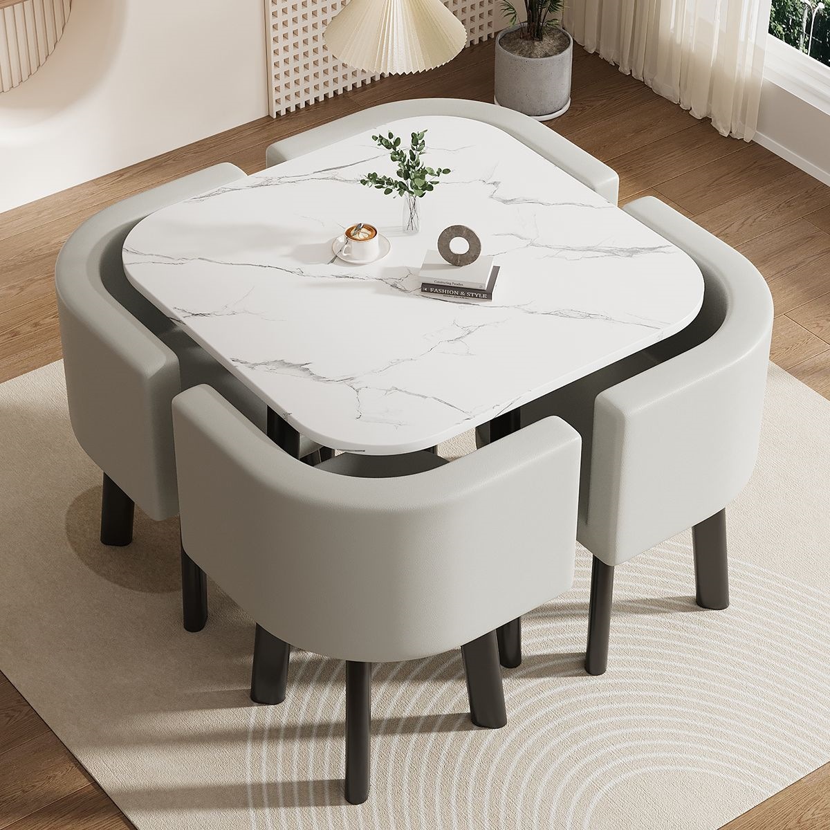 80CM white pattern square table + 4 light gray leather chairs