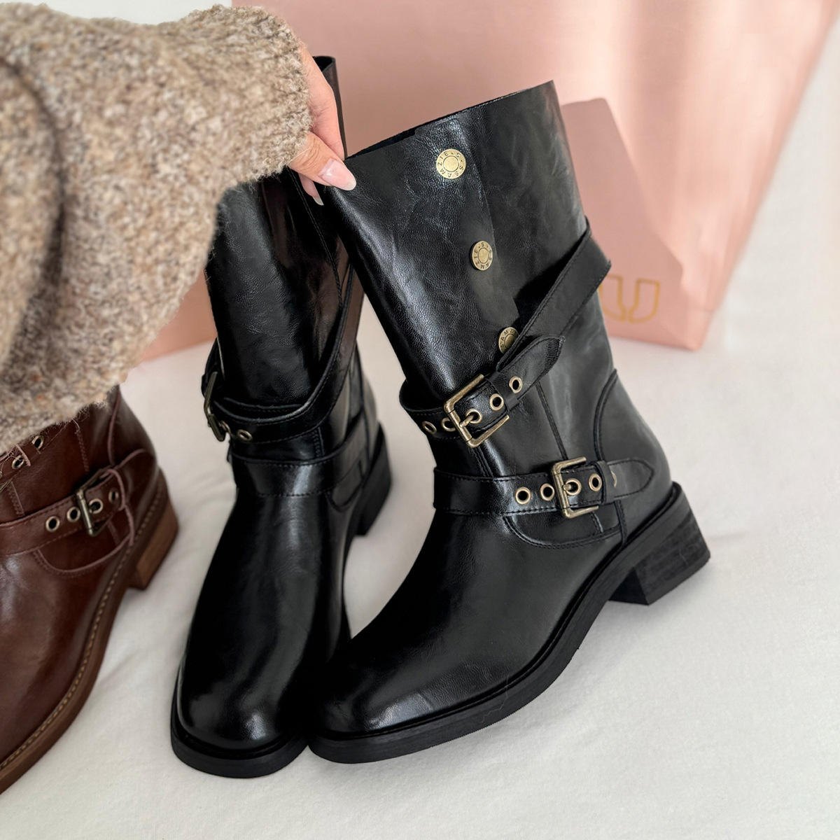 Cowhide Version ~ Genuine Leather Black Boots for Women, Thick Heel, Round Toe, Mid-Calf Boots, Belt Buckle, Sexy Retro Western Boots
