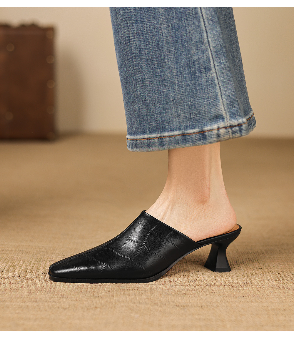 Dép sandal cao gót nữ mũi nhọn quai ngang da dê, gót 5 cm — đen chi tiết 8