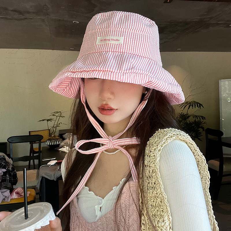 Girl honey coreano pequeño sombrero de pescador a rayas frescas para mujeres de verano 2024 nuevo sombrero solar pequeño para mostrar la cara