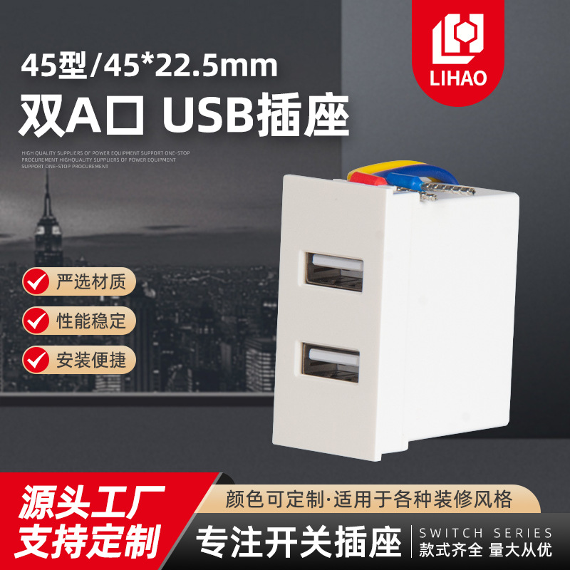 45型一位５V2.1A双Ｅ口USB45型卡式双口USB充电插座10W嵌入隐藏式