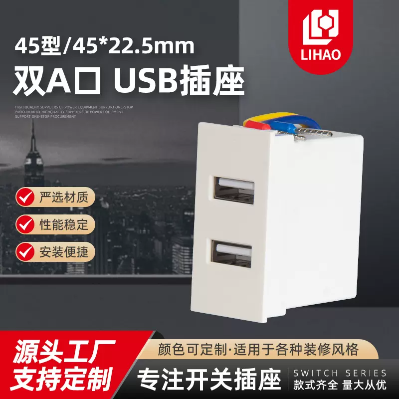 45型一位５V2.1A双Ｅ口USB45型卡式双口USB充电插座10W嵌入隐藏式