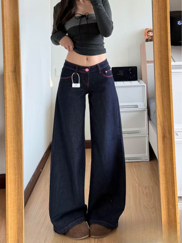American Retro Dark Blue Low-Waist Wide-Leg Jeans for Women 2026 New Style Loose Slimming Straight Pants for Petite Figures