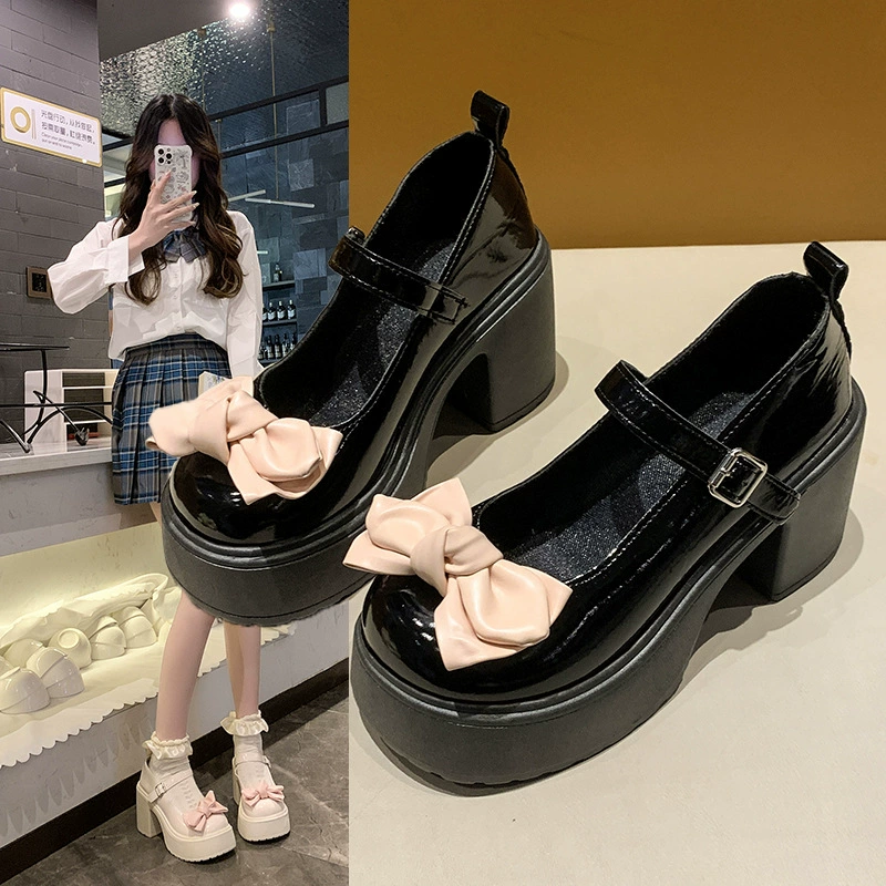 Туфли Мэри Джейн для женщин, весна-осень 2025, новая модель, круглый носок, однорядные, маленькие кожаные туфли с бантом, толстый каблук, толстая подошва, высокие каблуки