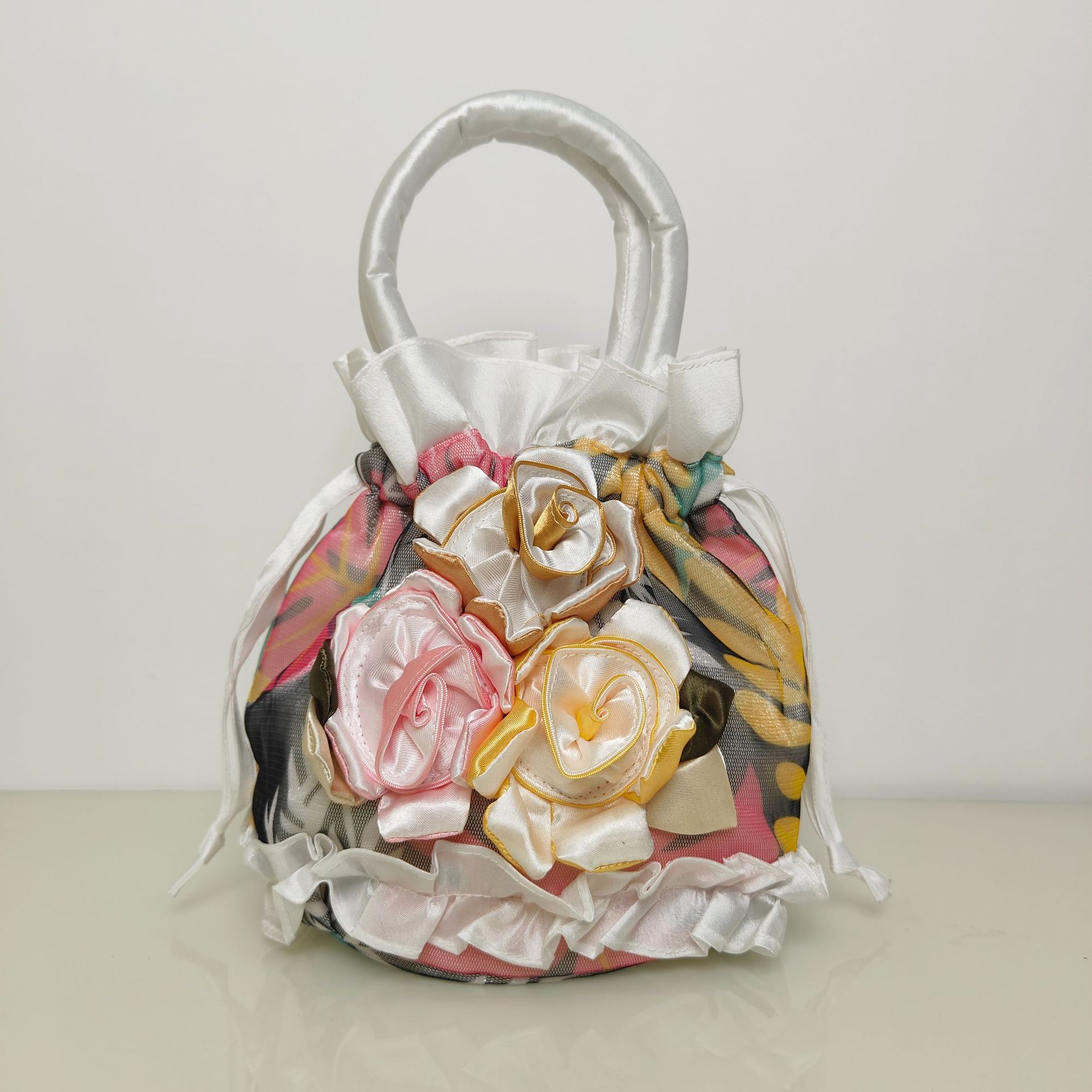 Bolso del teléfono móvil bolso de flores de encaje estilo étnico cubo cordón bolsa de tela bolso de las mujeres bolso de noche bolso hanfu hecho a mano