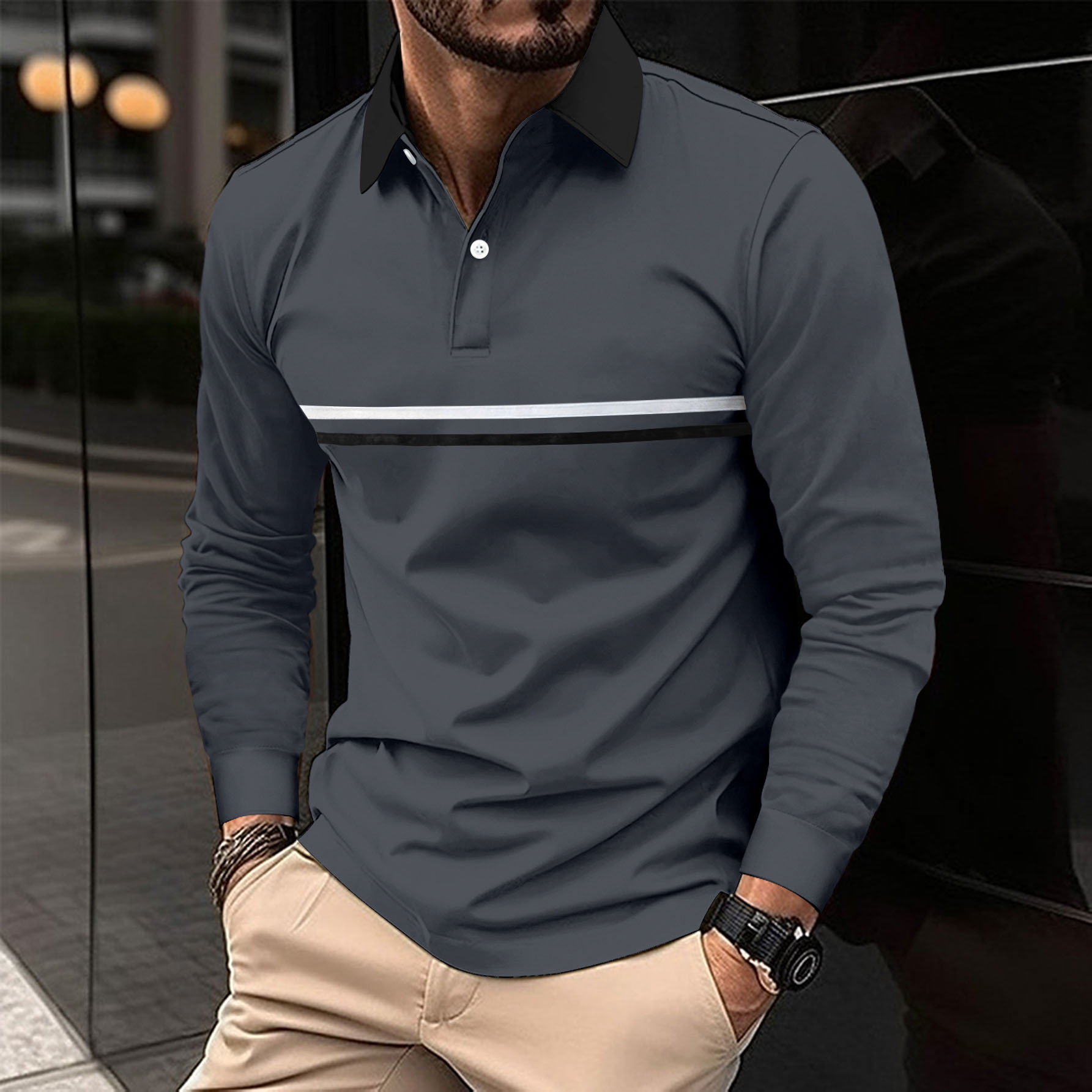 Europa y América ins transfronteriza 2023 primavera y otoño venta rápida Amazon Polo Botón de manga larga camisa de polo deportivo de los hombres