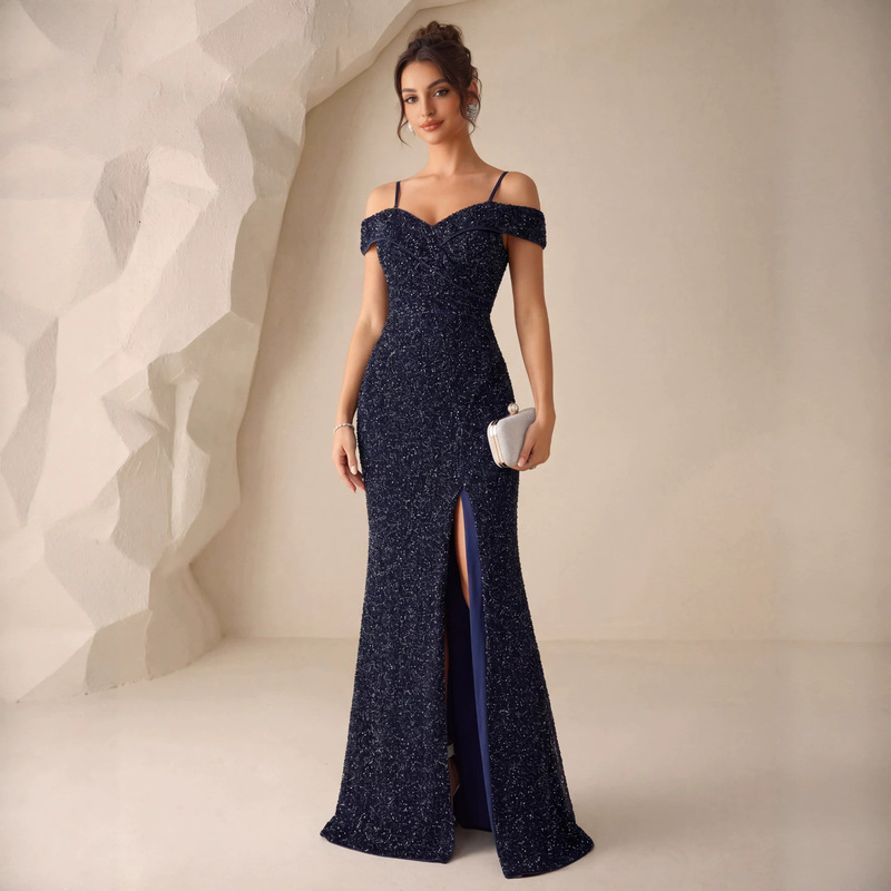 Cross-Border # European and American Style Spaghetti Strap Off-Shoulder Draped High-Slit Evening Gown Dress