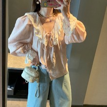 韩国东大门春装蕾丝边气质甜美衬衫V领系带减龄小衫春夏