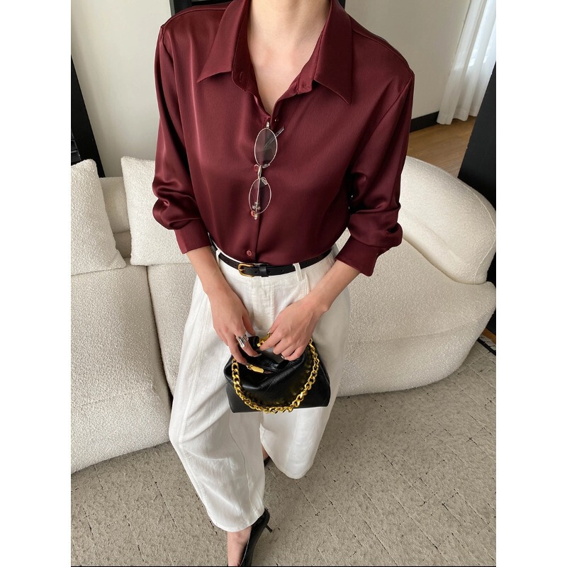 Sinnan Intellectual Commuting Style High-End Lazy Casual Loose Draped Satin French-Style Shirt Sn8685