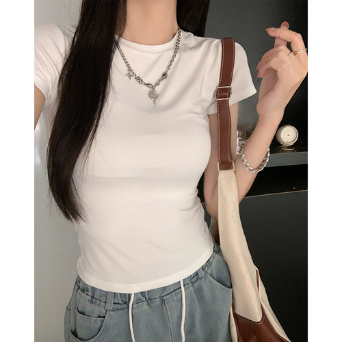 American retro purple front shoulder short-sleeved T-shirt for women in summer 2025 new basic slim hot girl top 62145