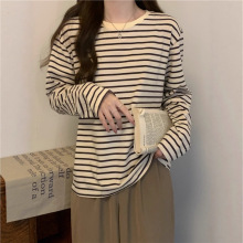 圆领长袖t恤女2025秋装新款宽松显瘦百搭条纹打底衫休闲内搭上衣