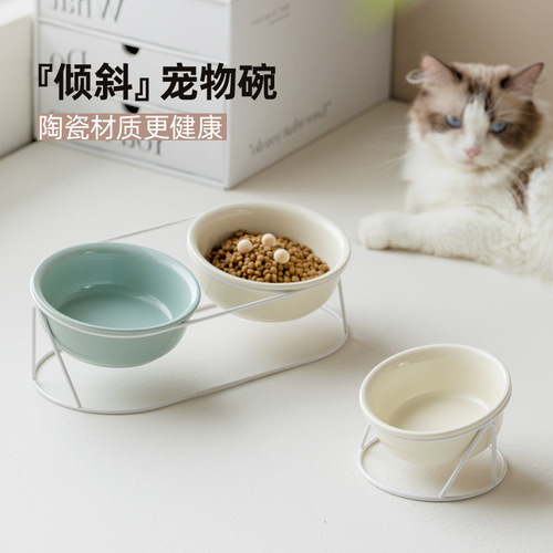 Ceramic oblique mouth pet double bowl cervical vertebra cat bowl cat food bowl with high feet to prevent overturning large capacity drinking water bowl and food bowl