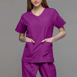 外贸现货欧美新款纯色口袋V领护理工作制服护服护士服两件套套装