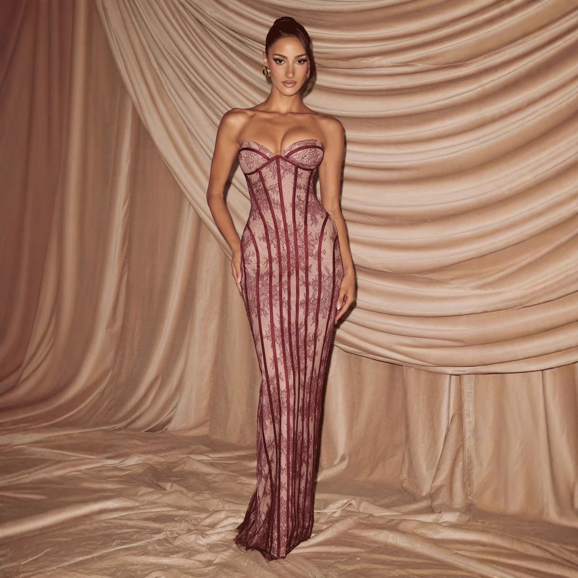 Elegant Lace Long Bodycon Dress For Evening Parties - Stunning High-Waisted Corset Design With Sheer Mesh & Floral Embroidery_ecoleips.com
