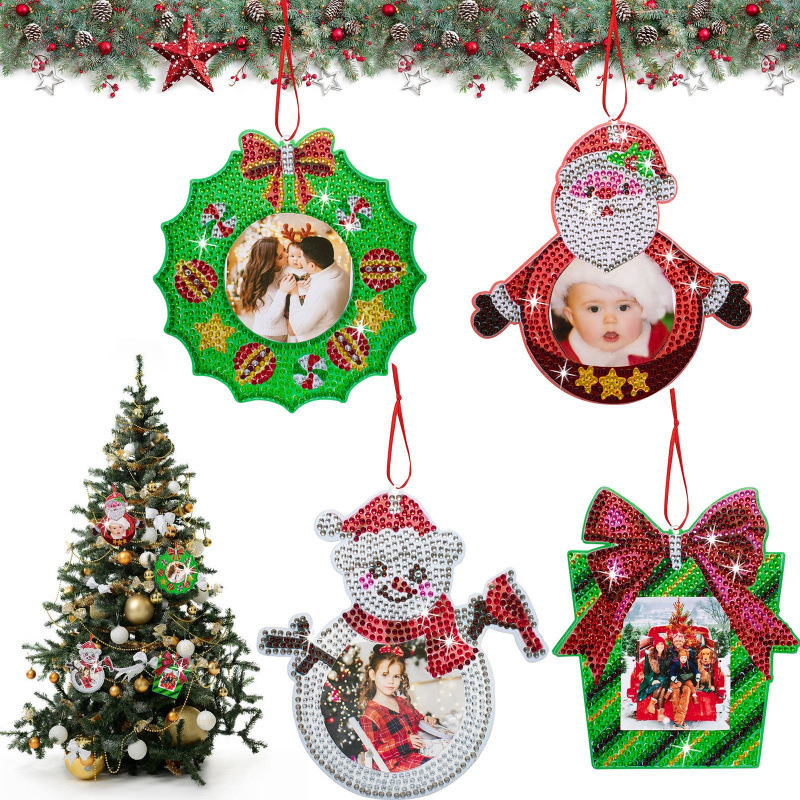 4 Pieces/Set DIY Christmas Diamond Art Photo Frame, Pet Material Crystal Rhinestone Decoration Hanging String Rhinestones