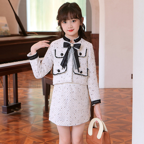Little Girl Xiao Xiang Fashion Cute Spring Outfit  Spring and Autumn Model Bow Tie Heavy Work Suit Dress for Older Children with Elegant Style