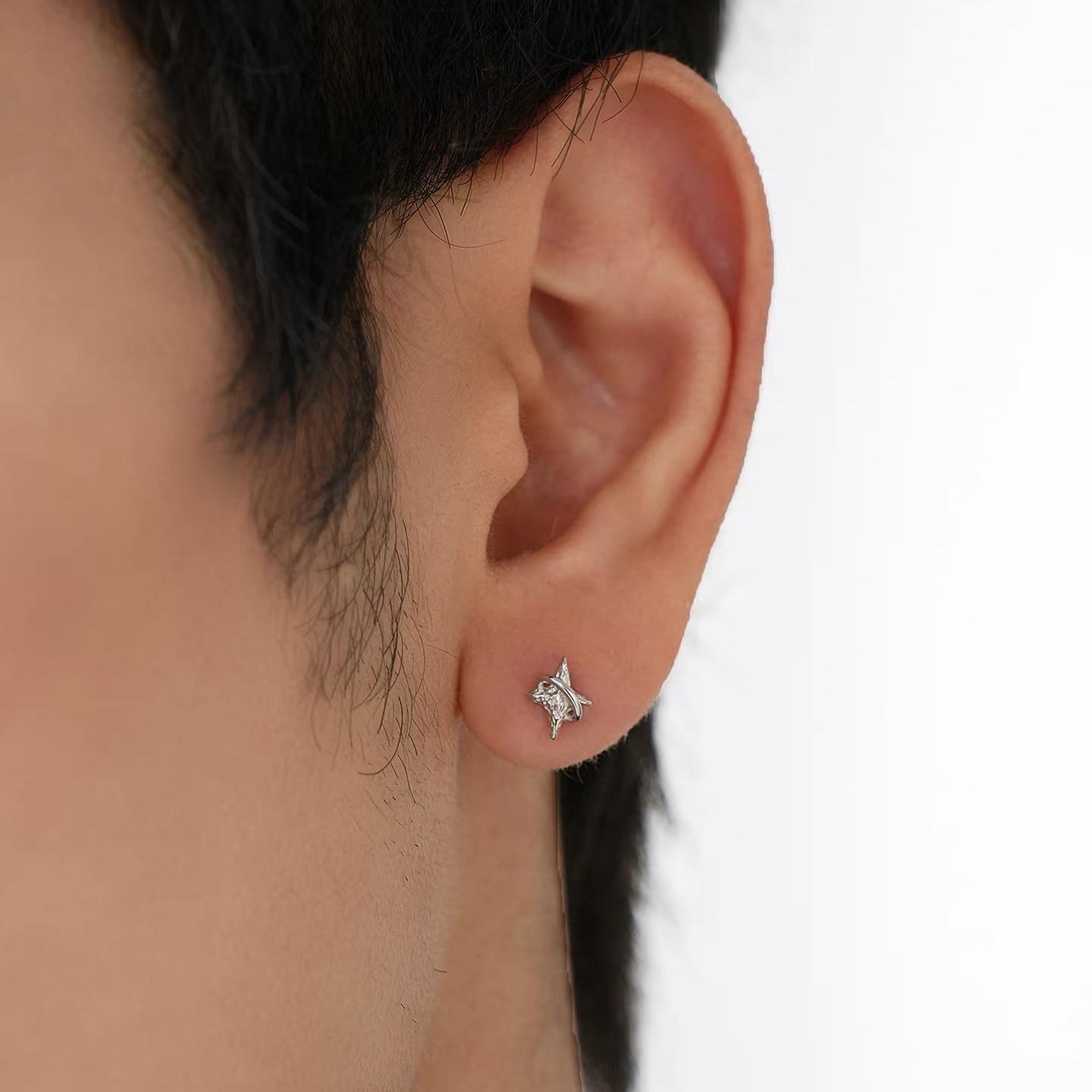 Four-Pointed For Men Trendy Versatile High-End Personality Earrings Niche Design Cross Star Texture Ear Bone Studs_voghion.com