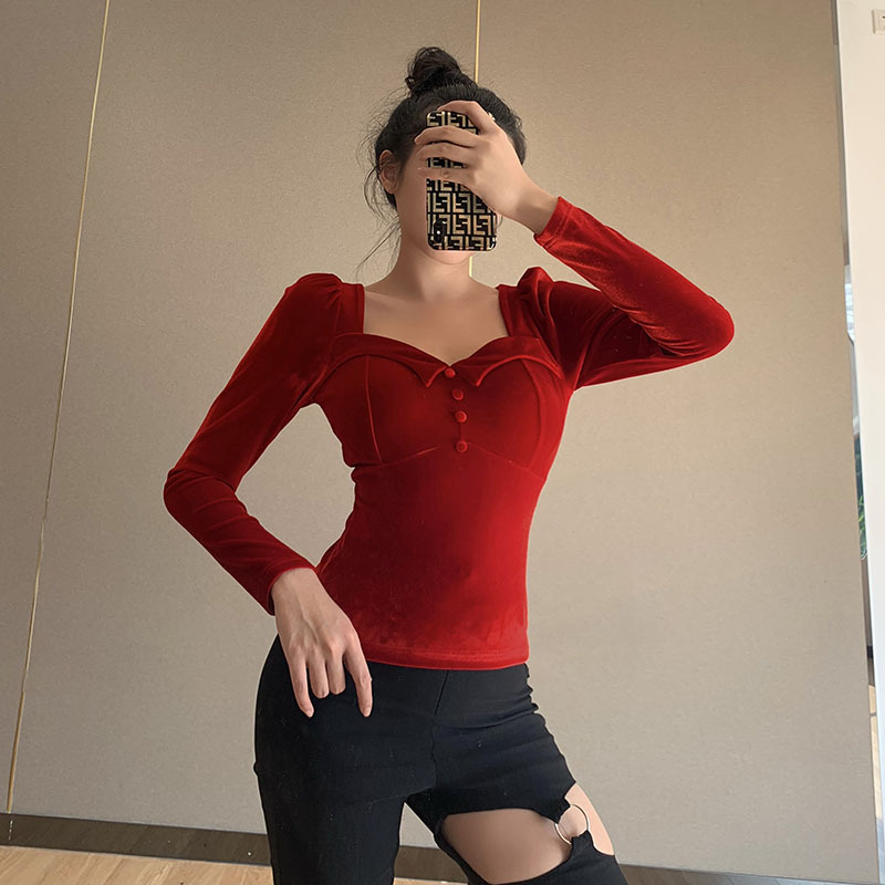 Solid Color Square Neck Slim Long-Sleeved Top NSXE108413