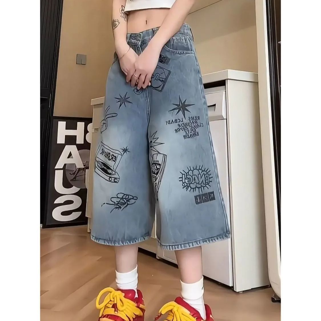 美式涂鸦七分牛仔裤女夏季薄款直筒阔腿五分中裤小个子宽松休闲裤