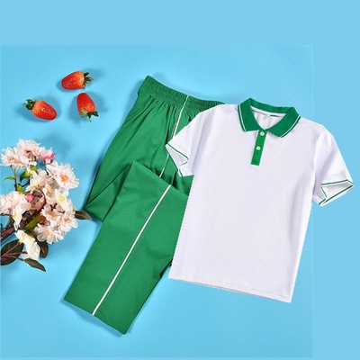 green Primary and secondary school students school uniform suit summer School trousers Korean Edition Short sleeved T-shirt Lapel Class clothes motion