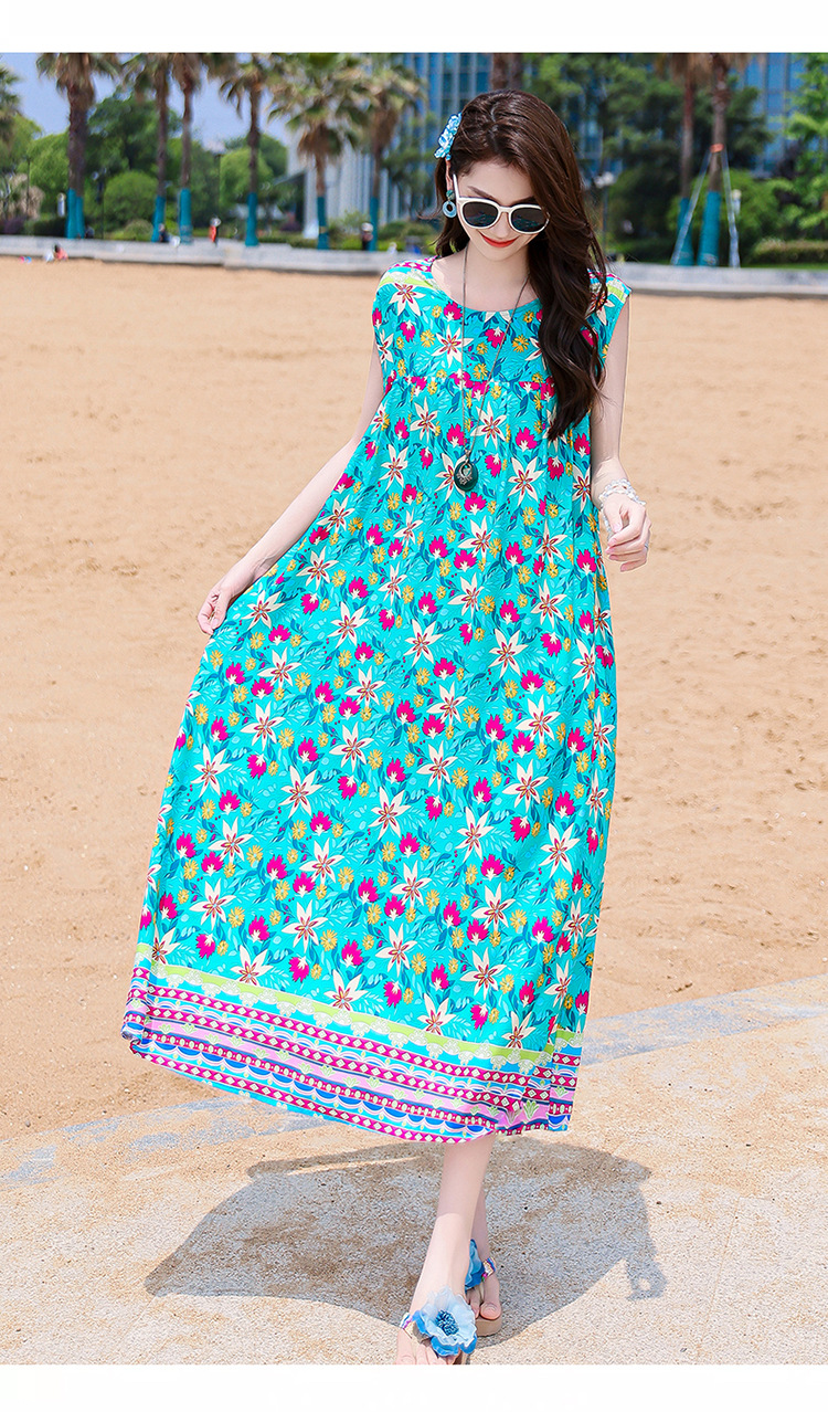 2025 New Cross-Border Plus Size Bohemian Beach Long Cotton Floral Women's Summer Dress_ecoleips.com