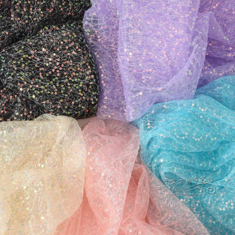 3毫米亮片乱纹绣花布料双网纱银丝网布绣片面料婚纱礼服连衣裙料