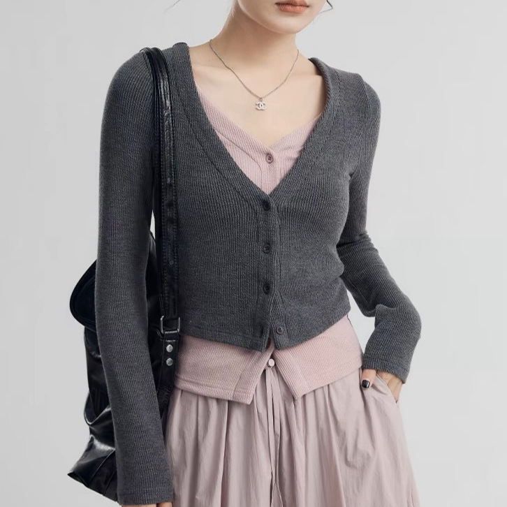 「Guier」Plaid Cotton Bubble Cookie Bars! Fake Two-Piece Knitwear Women's Niche Design Slim Top