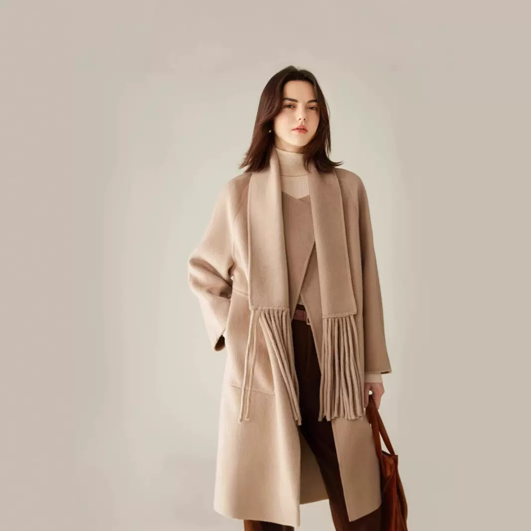 新款驼绒大衣女中长款双面羊绒毛呢外套小个子宽松版大码围脖上衣
