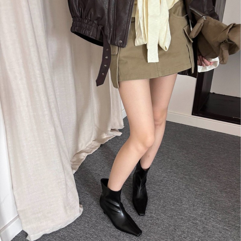 Lamode 2025秋冬新款小众低跟小方头切尔西靴裸靴复古百搭短靴女|undefined