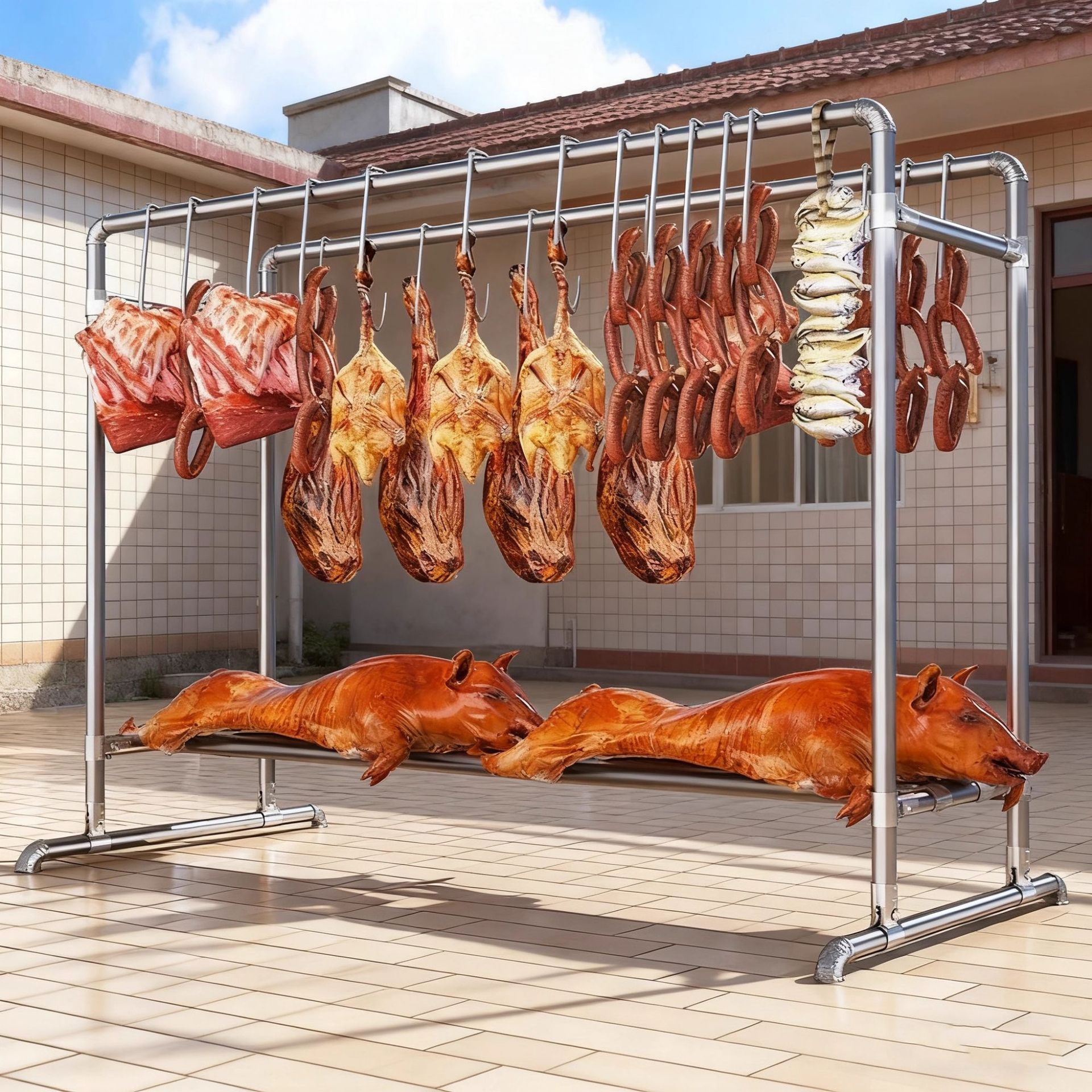 Floor-Standing Meat Hanging Rack for Home Use, Suitable for Yard, Roasting Duck, Sausages, Ham, Beef, Lamb, Pork, Chicken, Outdoor Hanging Rack, Drying Rack, Magic Tool