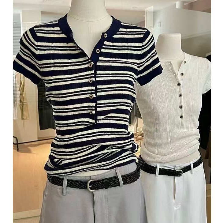 My Personal Favorite Recommendation~ Striped Henley Collar Short-Sleeve Knit Top for Women, Summer High-End Pullover Slim-Fit Shirt My Personal Favorite Recommendation~ Striped Henley Collar Short-Sleeve Knit Top for Women, Summer High-End Pullover Slim-Fit Shirt