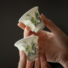 六方太湖石竹子米浆白杯功夫茶具陶瓷单杯小号家用喝茶杯德化陶瓷