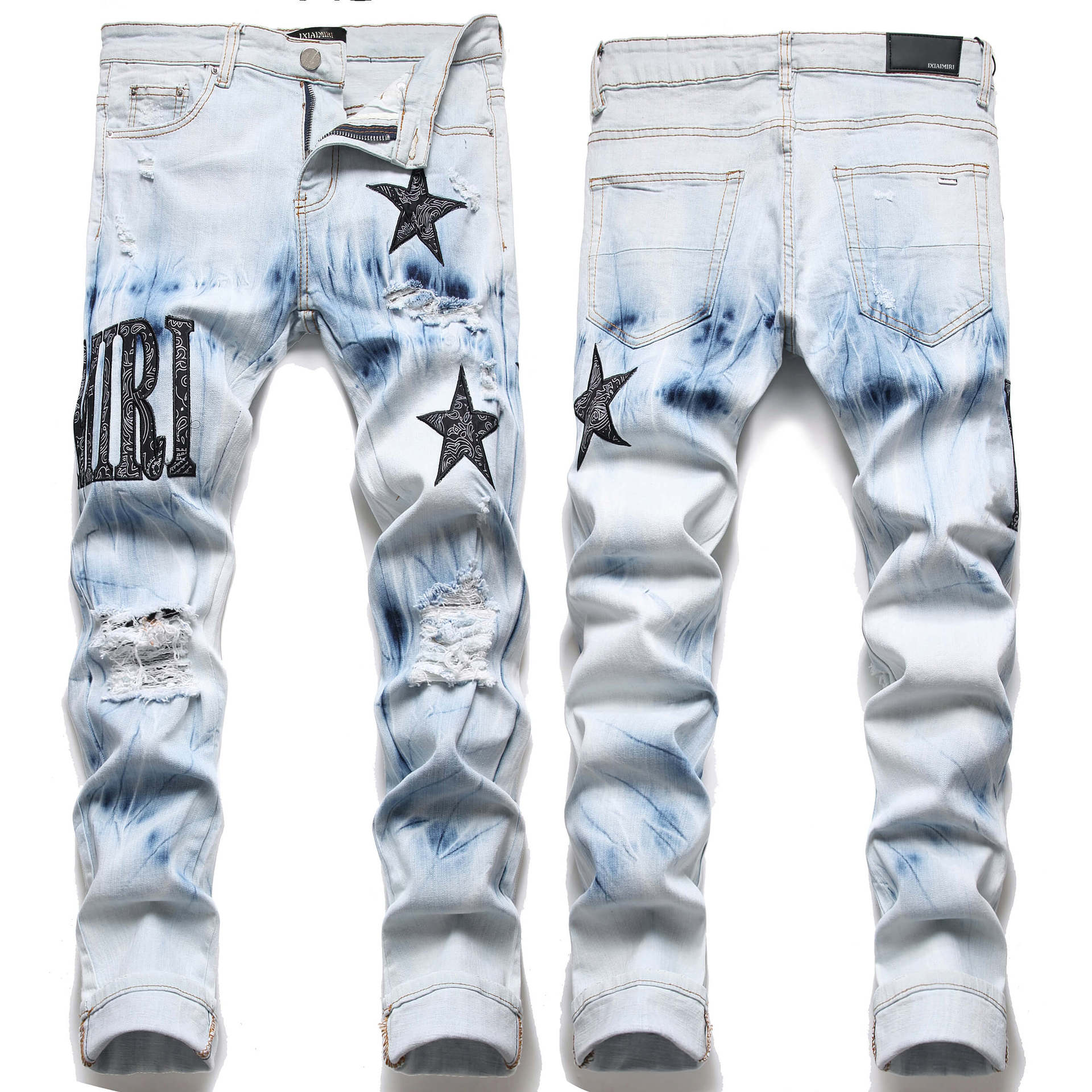 Am European and American High Street Skinny Jeans Blue Ripped Patch Cashew Embroider All Year Round Stretch Small Leg Pants for Men 3091