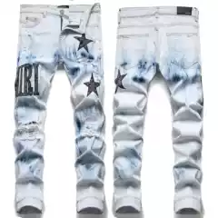Am European and American High Street Skinny Jeans Blue Ripped Patch Cashew Embroider All Year Round Stretch Small Leg Pants for Men 3091
