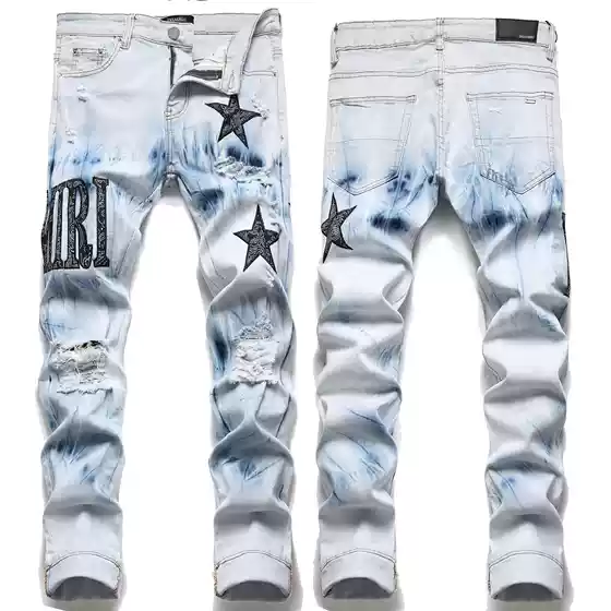 Am European and American High Street Skinny Jeans Blue Ripped Patch Cashew Embroider All Year Round Stretch Small Leg Pants for Men 3091