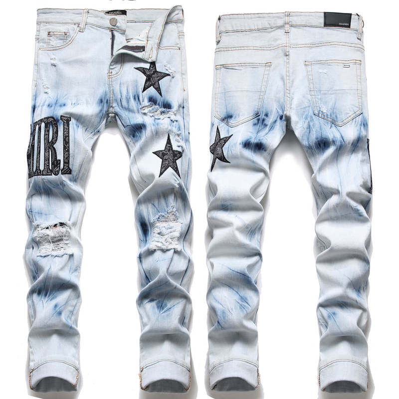 Am European and American High Street Skinny Jeans Blue Ripped Patch Cashew Embroider All Year Round Stretch Small Leg Pants for Men 3091