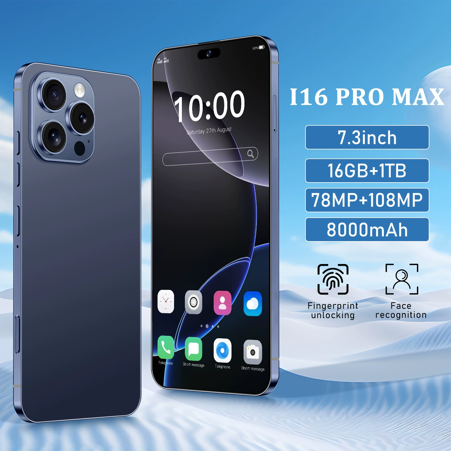 Большой мобильный телефон, Intel Core i16, 16 Pro Max, 3" экран, 4G, поддержка всех сетевых стандартов связи, широкий экран, официальная флагманская модель