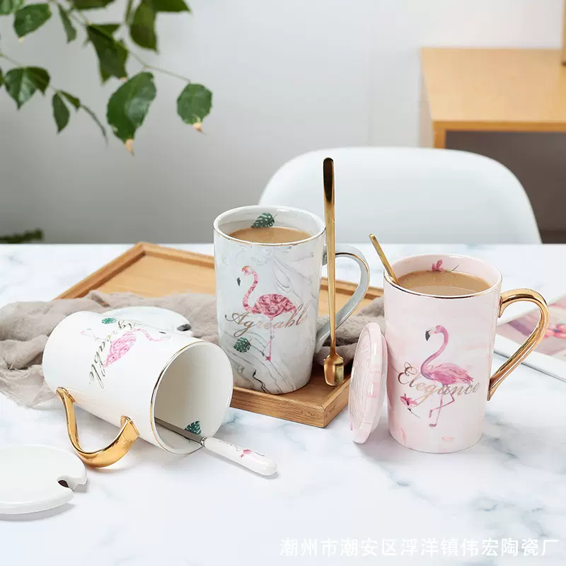 火烈鸟马克杯带盖勺大理石纹陶瓷水杯批发情侣高颜值创意咖啡杯子