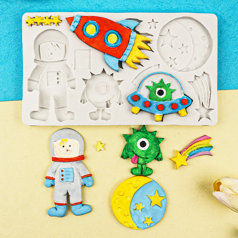 Astronauta espacial Rocket Planet Molde de silicona Decoración de horneado creativo Molde de Pace seco de fondant de chocolate