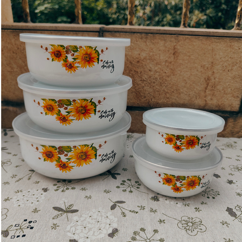 Esmalte de esmalte con tapa hogar fresco mezclado ensalada frutero refrigerador almacenamiento apilable 5 piezas tazón de arroz tazón de sopa