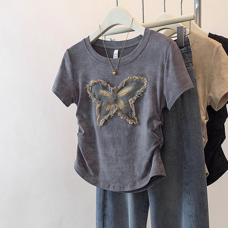 夏の女性用半袖Tシャツ、新しい大きいサイズの太った女の子、スリムでユニーク、シックで多用途な蝶のトップス|undefined