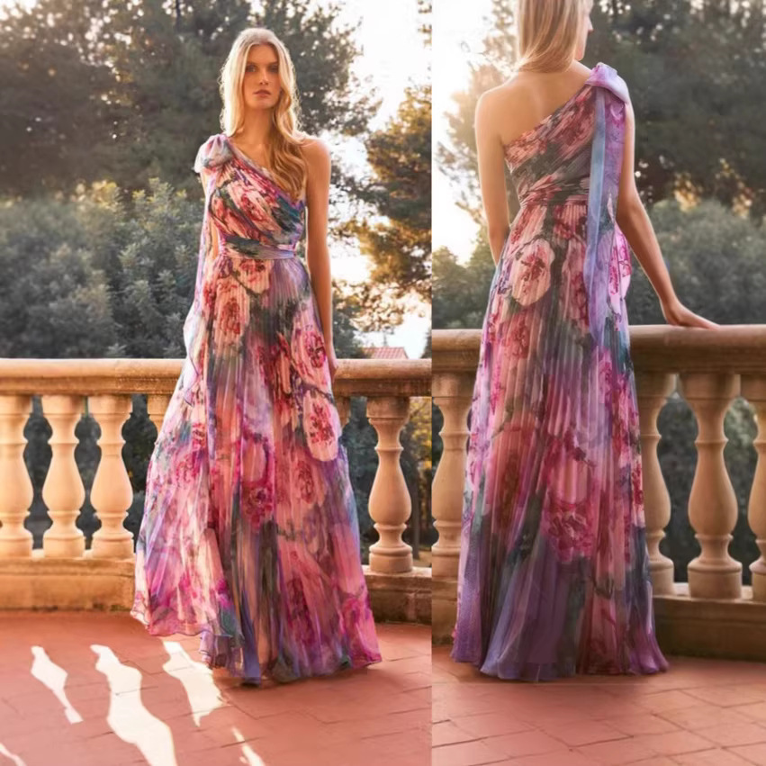 New Bohemian Vacation Style One Shoulder Shirred Lolita Big Swing Printed Dress Bohemian Holiday Printed Dress For Women_ecoleips.com