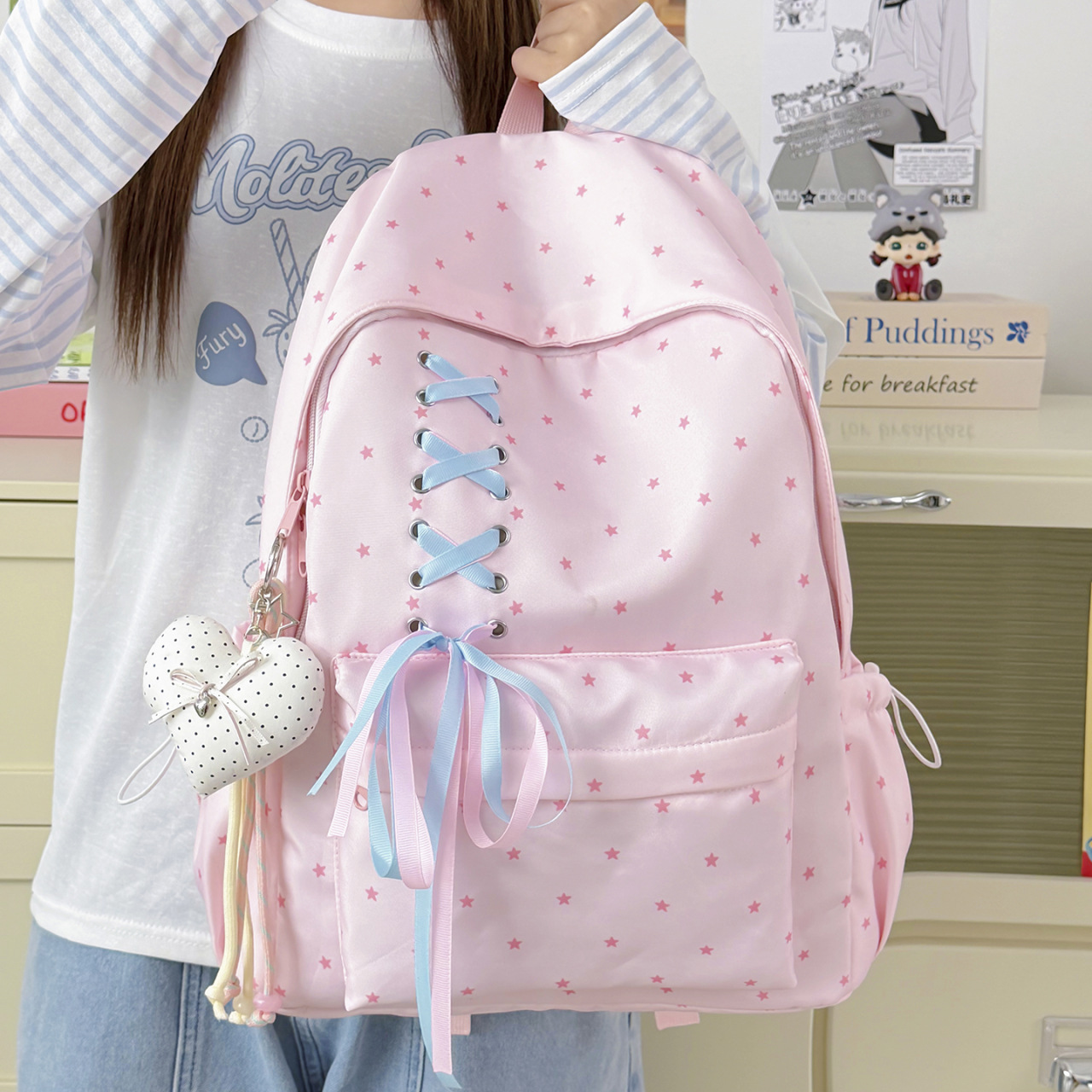 Highly stylish polka dot backpack for junior high school girls, with bow tie, large capacity, trendy and unique, lightweight school backpack