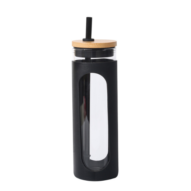 Cubierta de bambú transfronteriza taza de paja de borosilicato resistente a altas temperaturas simple con cubierta de silicona aislada taza de agua de vidrio Personalización de lotes pequeños