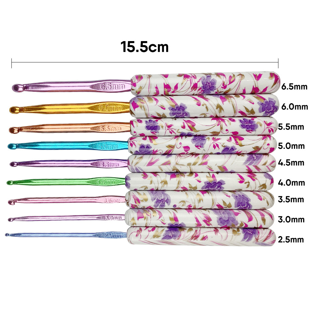 Nueva herramienta de ganchillo color mango de plástico traje de ganchillo ABS ganchillo de aluminio 9 unids/set BOLSA DE OPP