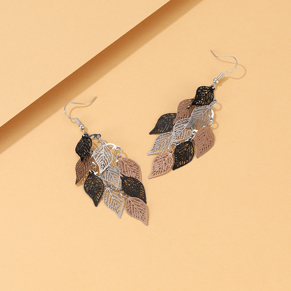 European and American creative metal color leaf splicing tassel diamond earrings